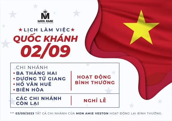 Lịch làm việc showroom Mon Amie dịp lễ Quốc khánh 2/9