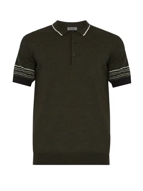 Polo dệt kim xanh rêu viền tay trắng