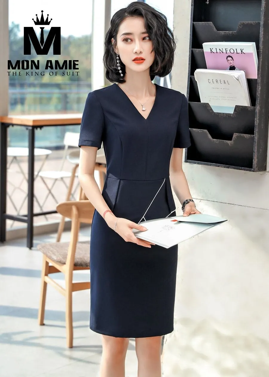 Đầm công sở navy cổ V tay ngắn PN1229 — 1/2