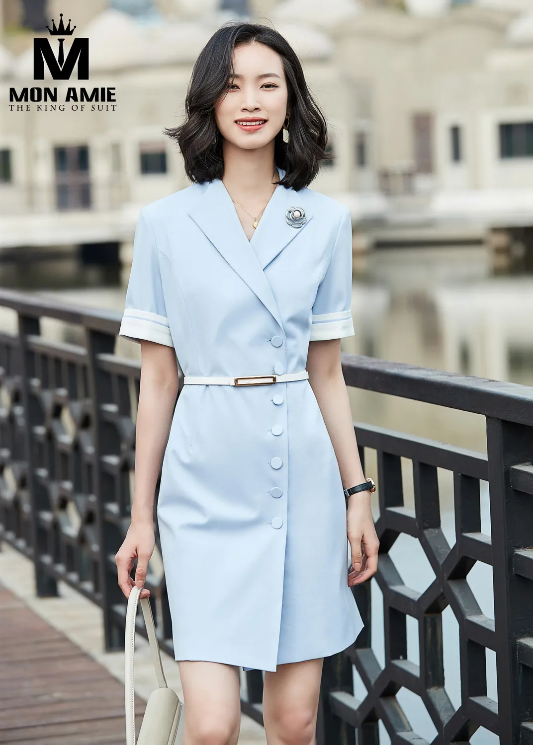 Đầm vest xanh nhạt thắt lưng trắng PN1847 — 1/7