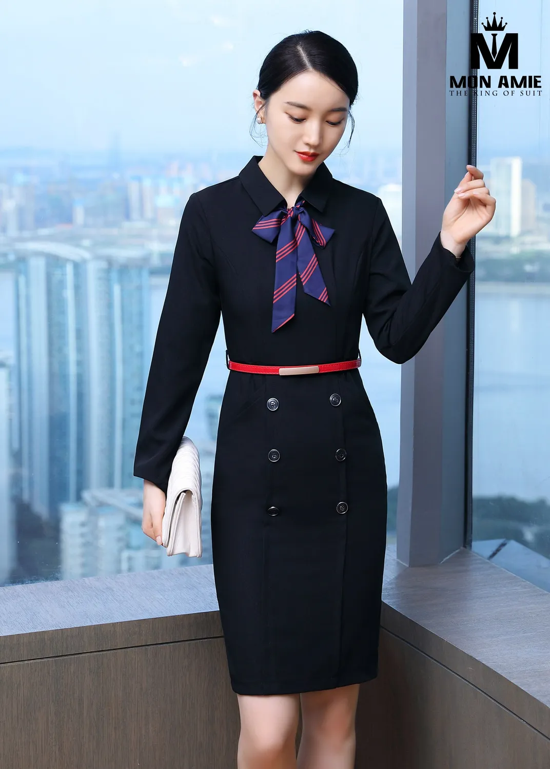 Đầm đen dài tay nơ cổ, đai đỏ PN1928 — 1/2