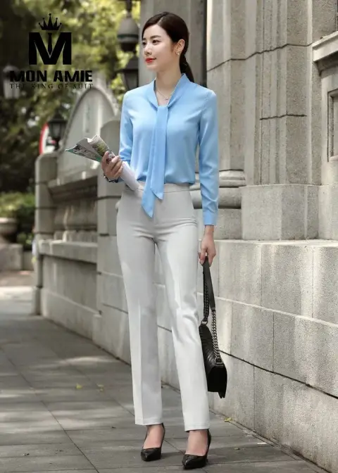Sơ mi nữ xanh da trời nơ cổ, quần trắng — PN1078