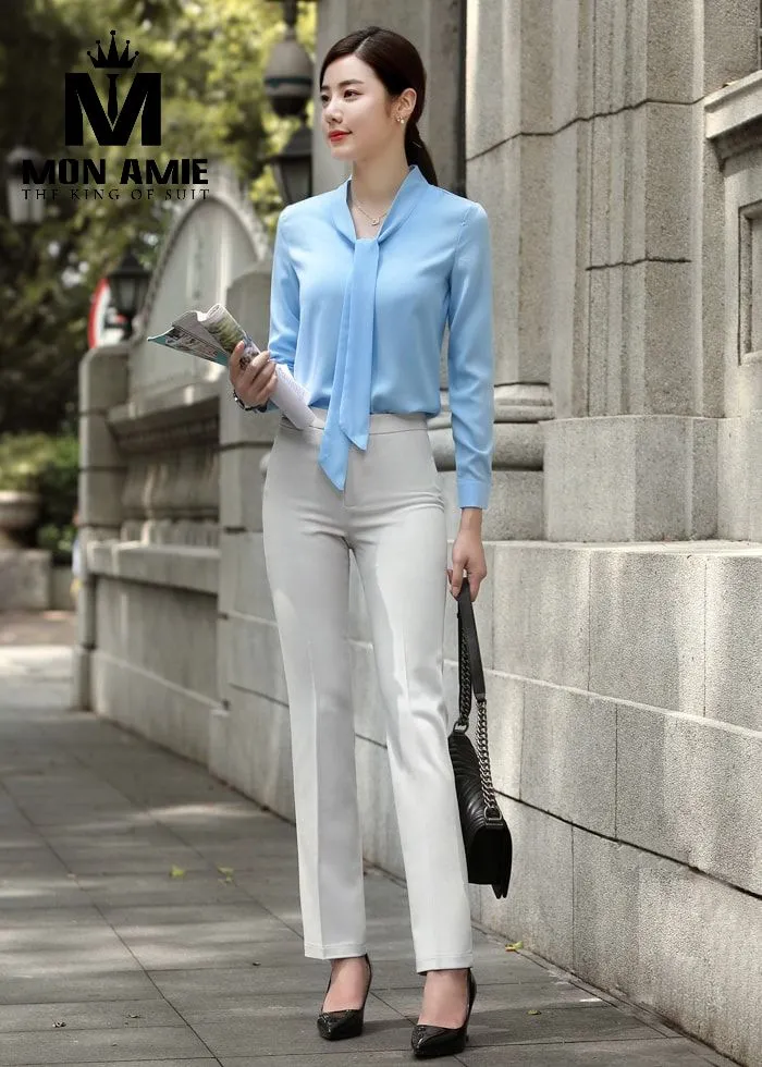 Sơ mi nữ xanh da trời nơ cổ, quần trắng PN1078 — 1/4