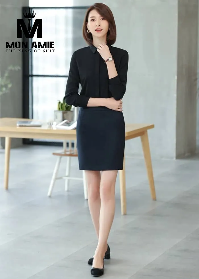 Sơ mi nữ đen, chân váy bút chì navy PN1146 — 1/5