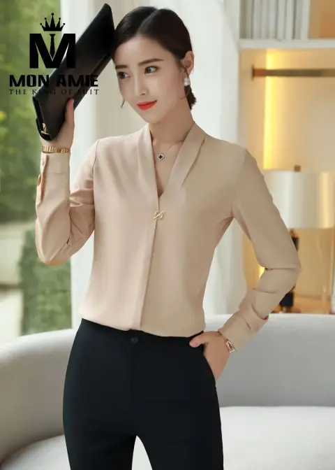 Sơ mi nữ satin be cổ V — PN1278
