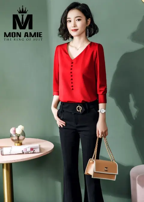 Sơ mi nữ satin đỏ cổ V — PN1330