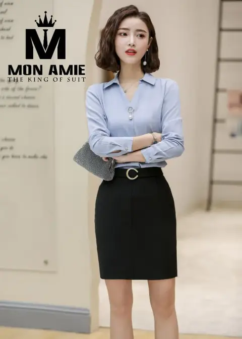 Sơ mi nữ xanh ghi, chân váy đen — PN1419
