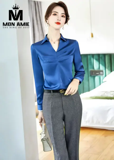 Sơ mi nữ satin xanh coban, quần xám — PN1711