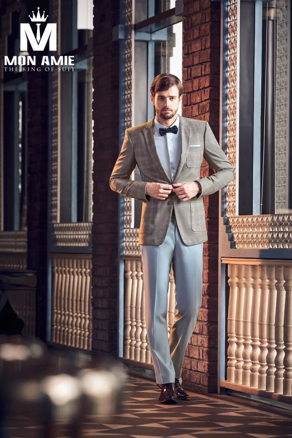Blazer caro nâu nhạt, quần xám xanh D569 — 1/1