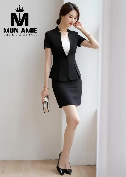 Vest nữ đen cộc tay peplum, chân váy — PN1363