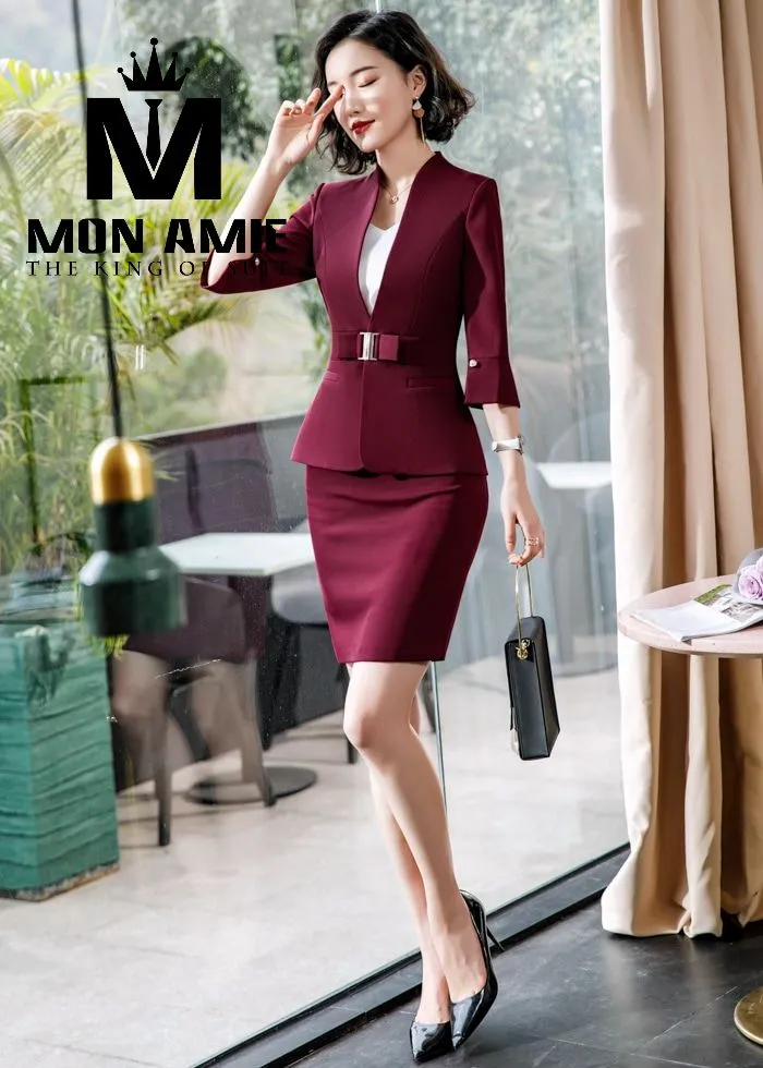 Vest nữ đỏ đô thắt đai, chân váy PN1433 — 1/5