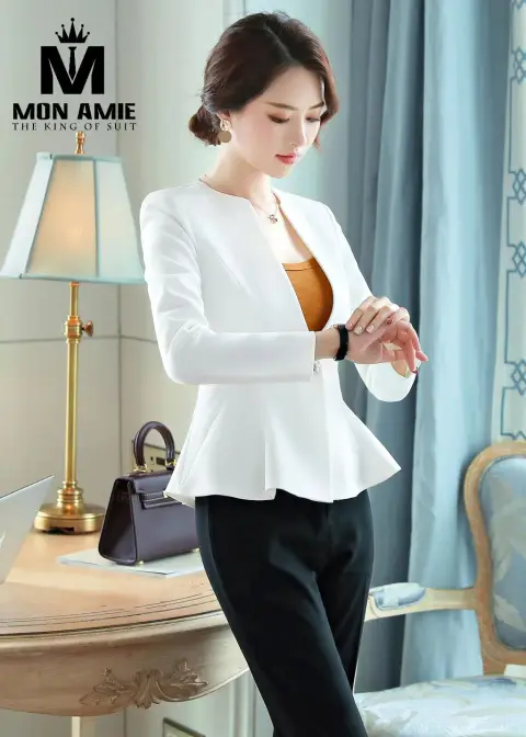 Vest nữ trắng peplum, quần tây đen — PN1629