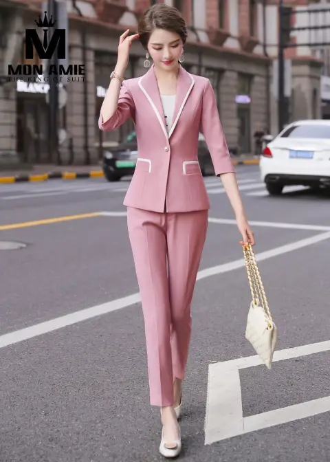 Vest nữ hồng viền trắng, quần tây — PN1656