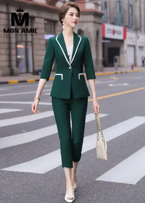 Vest nữ xanh rêu viền trắng, quần tây — PN1657