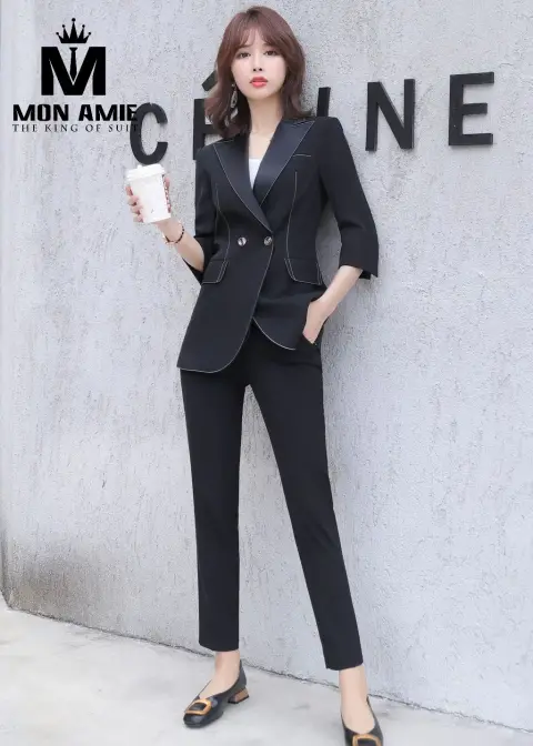 Vest nữ đen ve satin, quần tây — PN1665