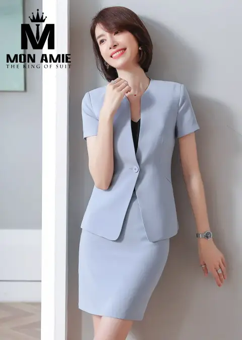 Vest nữ xanh da trời cộc tay, chân váy — PN1825