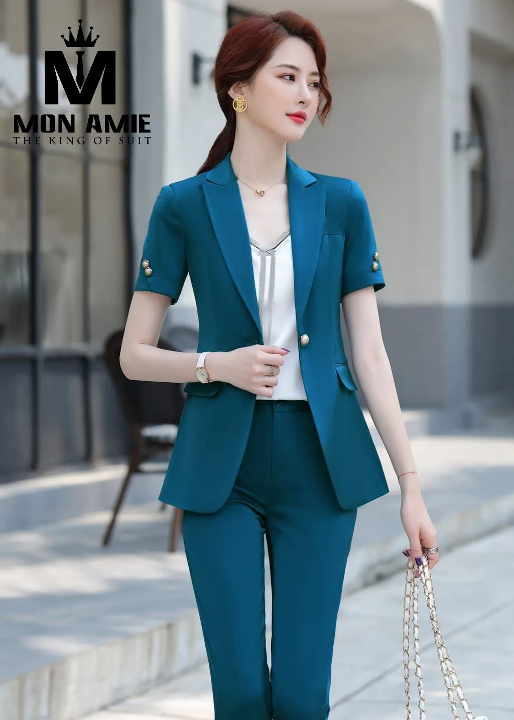 Vest nữ xanh cổ vịt cộc tay, quần tây PN1834 — 1/4