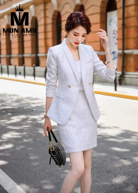 Vest nữ tweed trắng, chân váy — PN1911