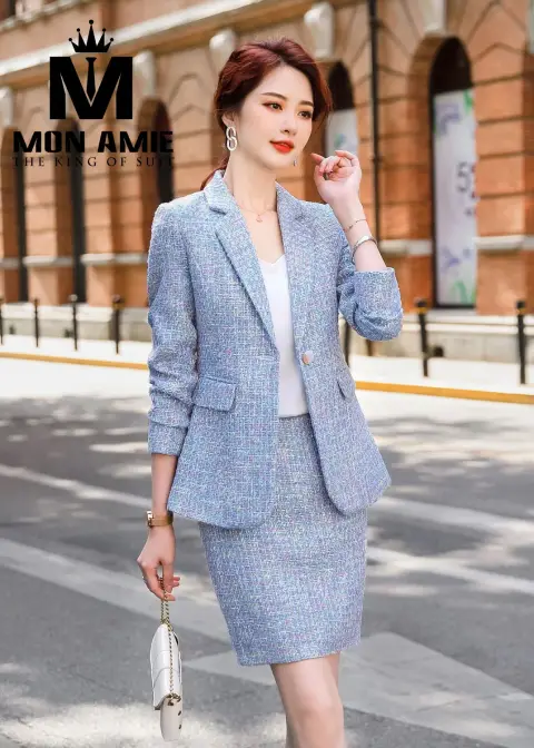 Vest nữ tweed xanh nhạt, chân váy — PN1916