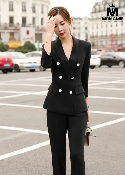 Vest nữ đen hai hàng khuy trắng, quần tây — PN1950